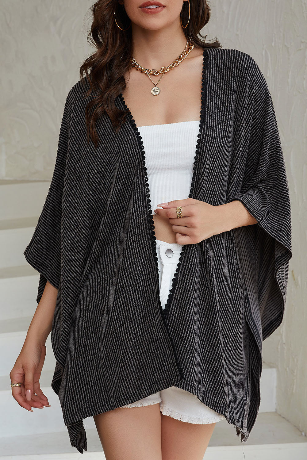 Black Lace Trim Ribbed Oversize Kimono