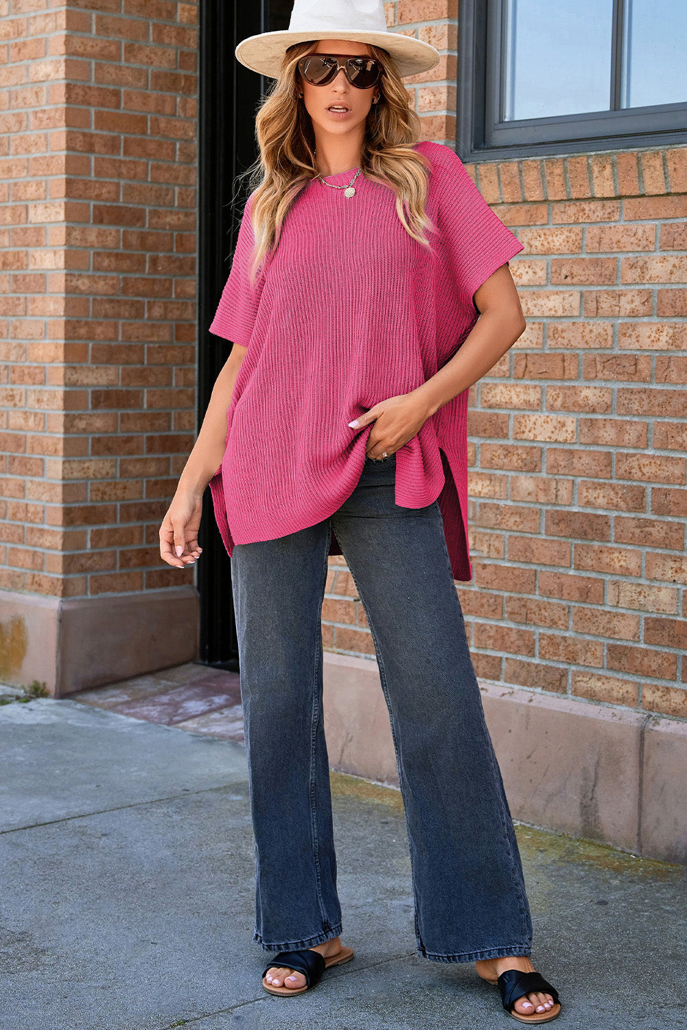 Rose Red Short Sleeve Side Slit Oversized Sweater