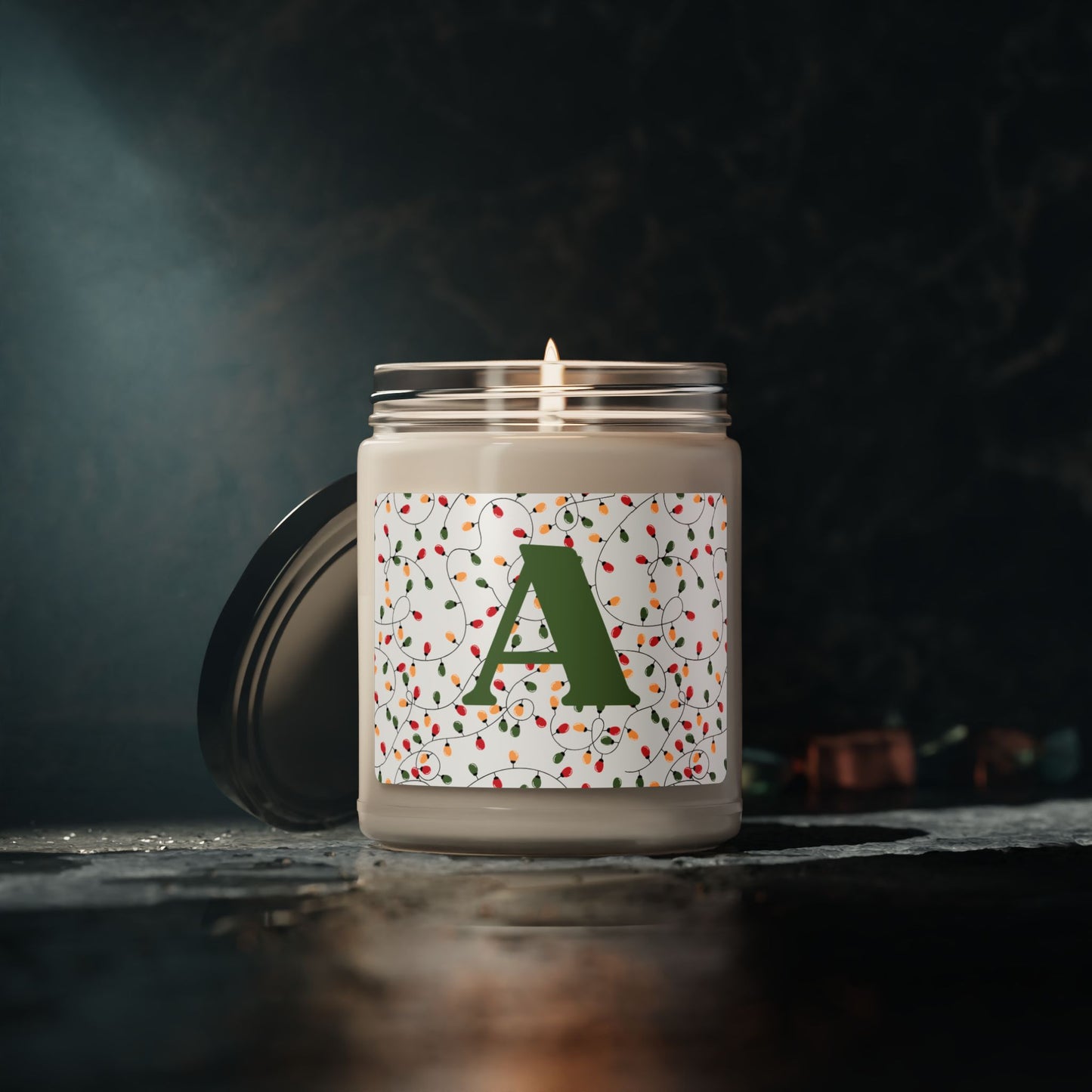 Personalized String Lights with Initial Holiday Soy Candle | 9oz Candle, Custom Gift, Christmas Decor, Home Fragrance, Seasonal Candle