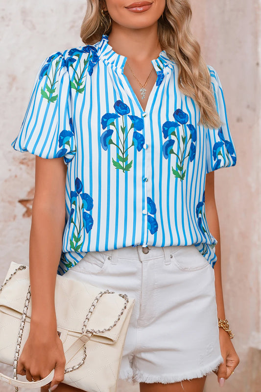 Sky Blue Stripe Floral Buttoned Frilly Notched Neck Puff Sleeve Summer Blouse