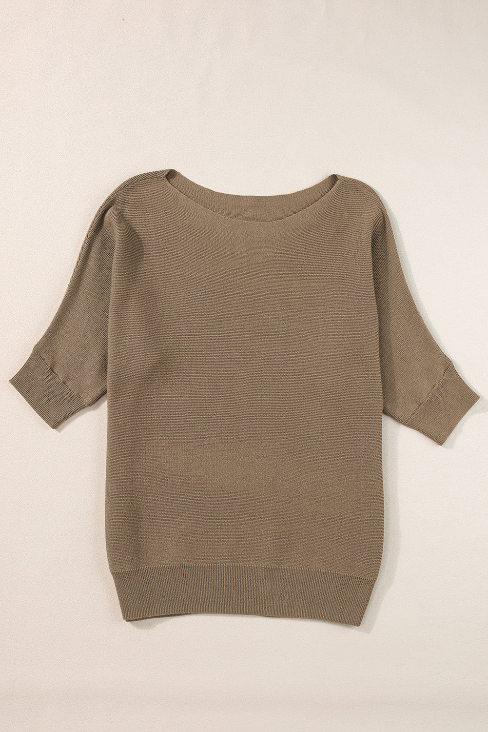 Coffee Round Neck Half Sleeve Ribbed Knit Top