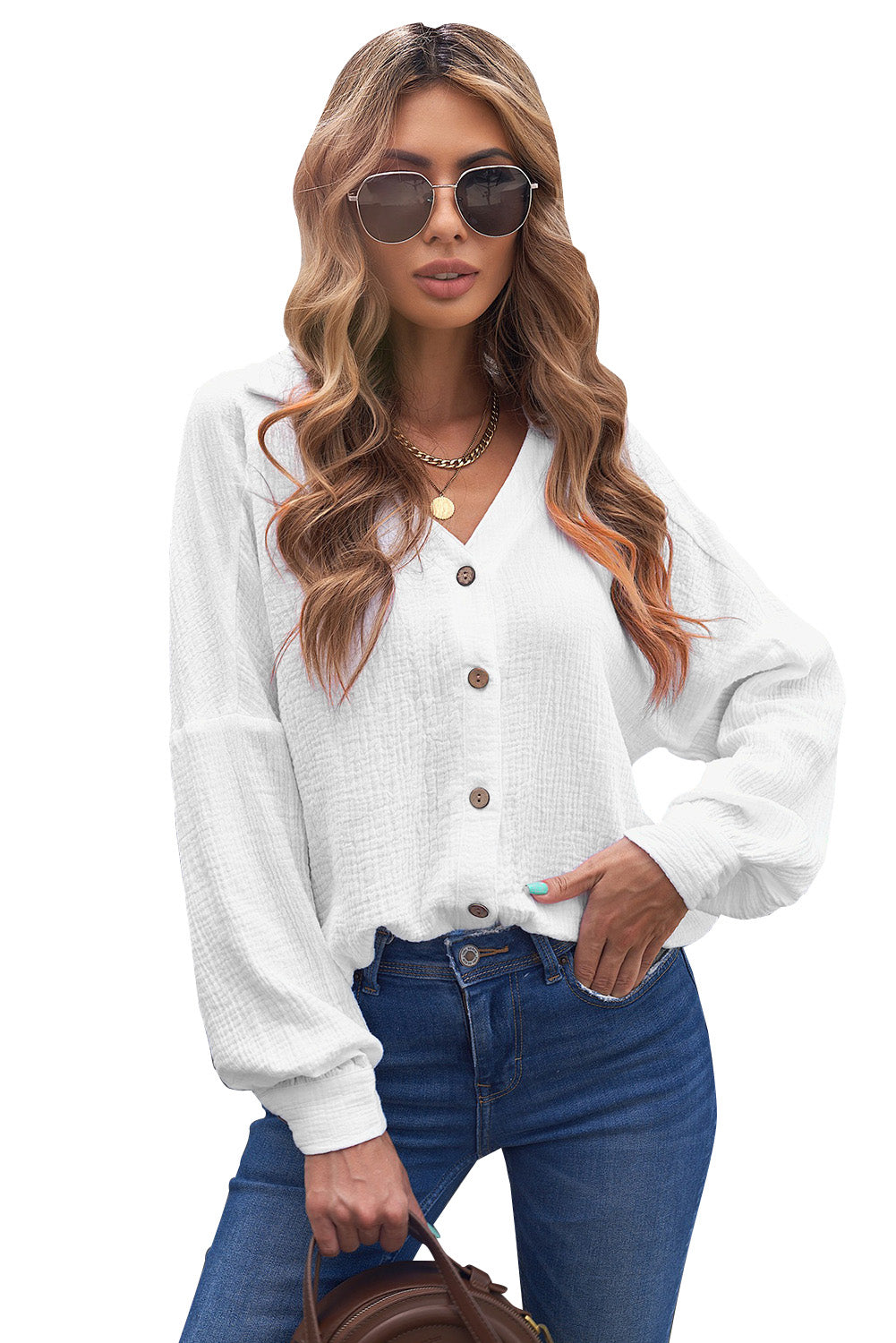 White Turn-down Collar V Neck Crinkled Cuffed Shirt