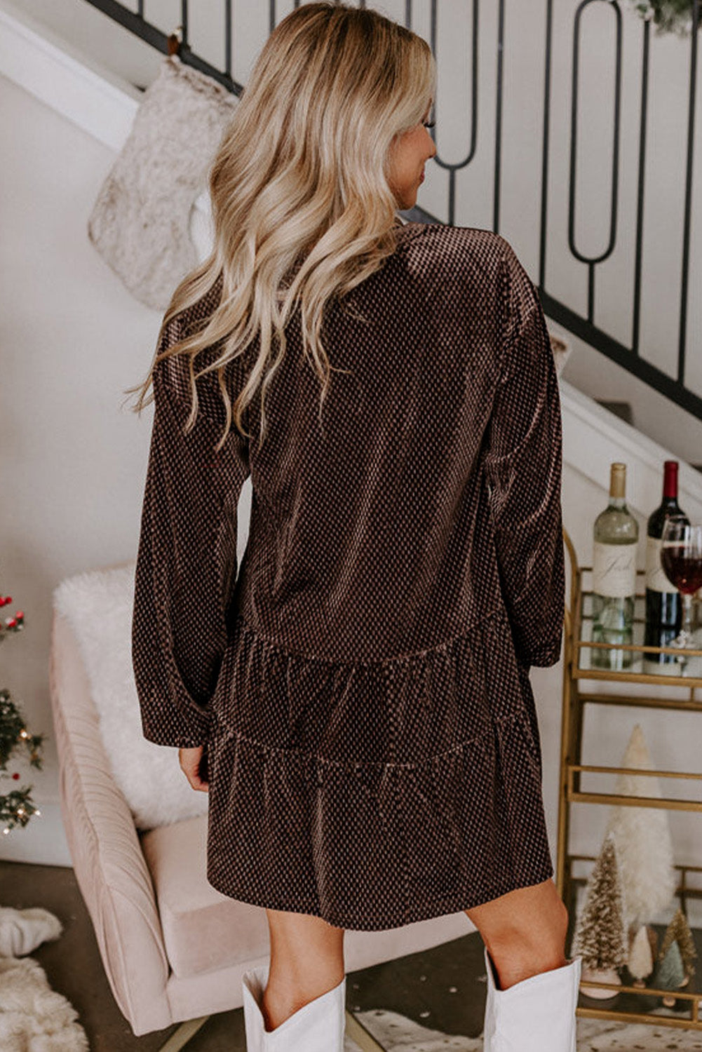 Dark Brown Textured Velvet V Neck Shift Dress