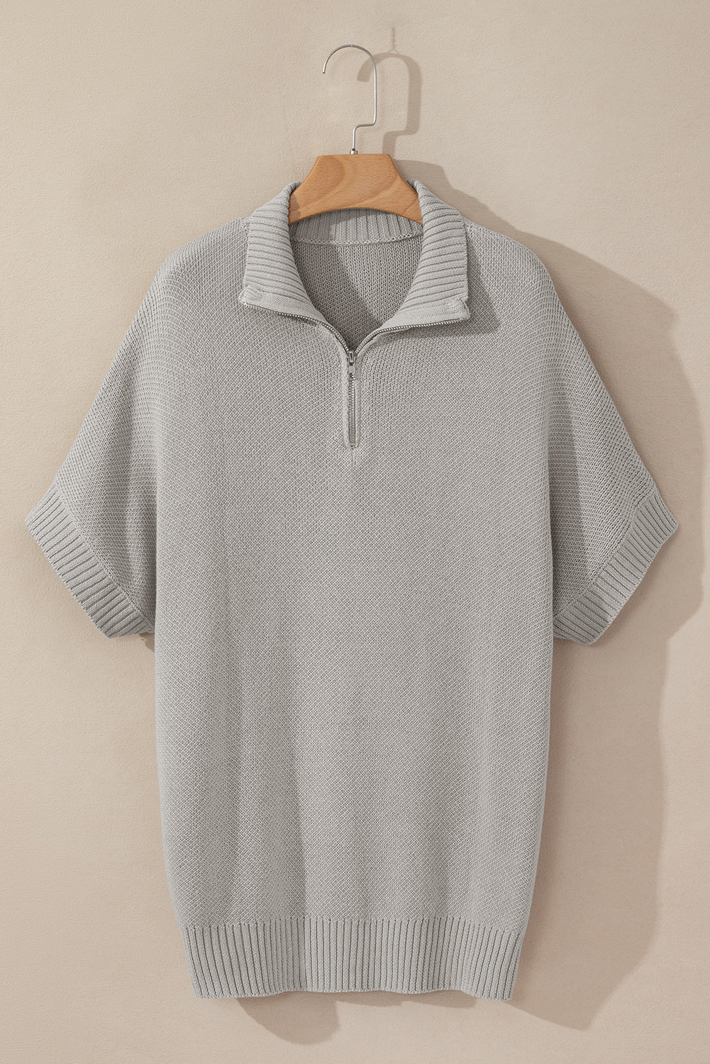 Light Grey Quarter Zip Short Batwing Sleeve Sweater