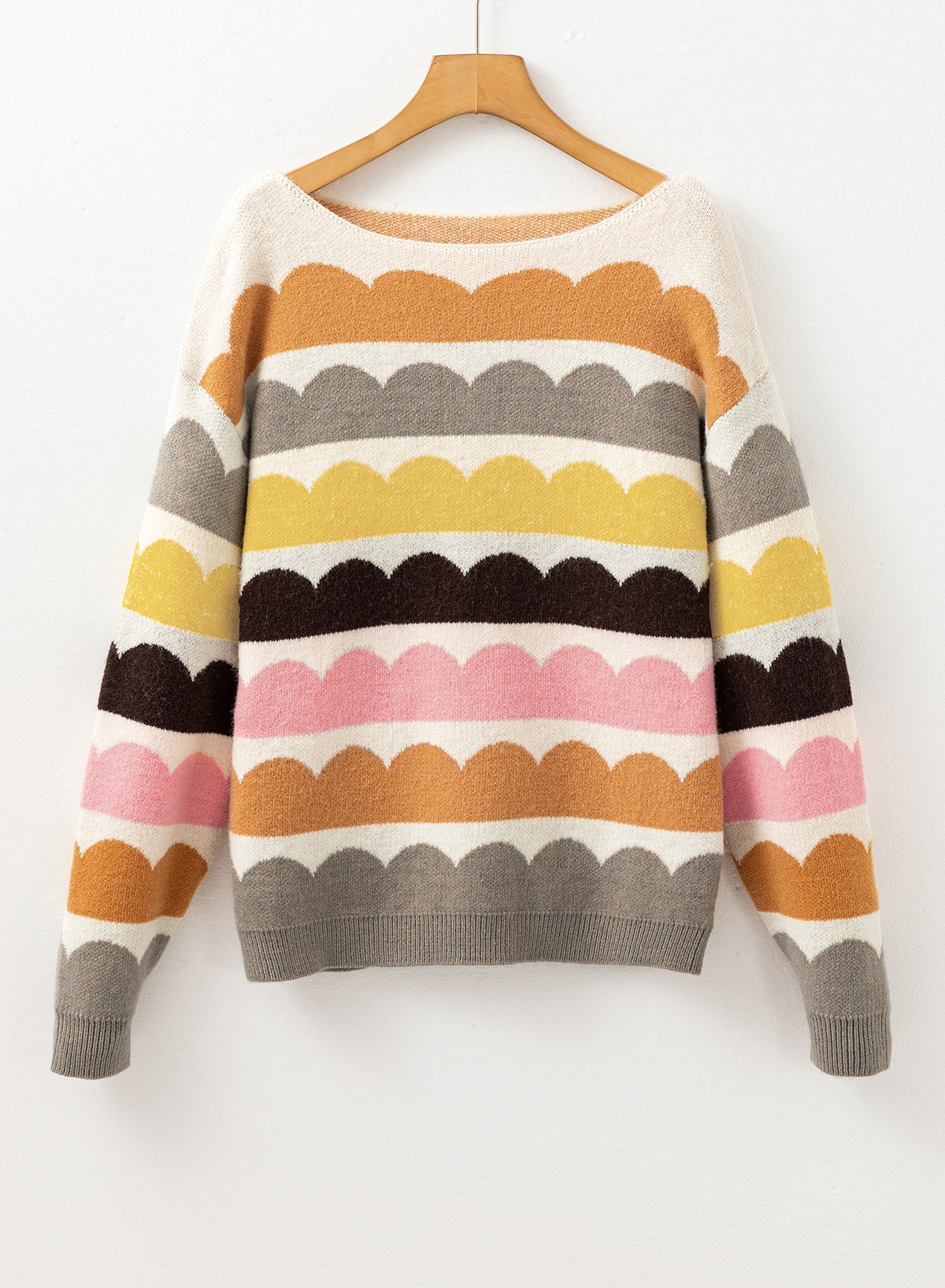 Gray Wave Striped Balloon Sleeve Drop Shoulder Sweater