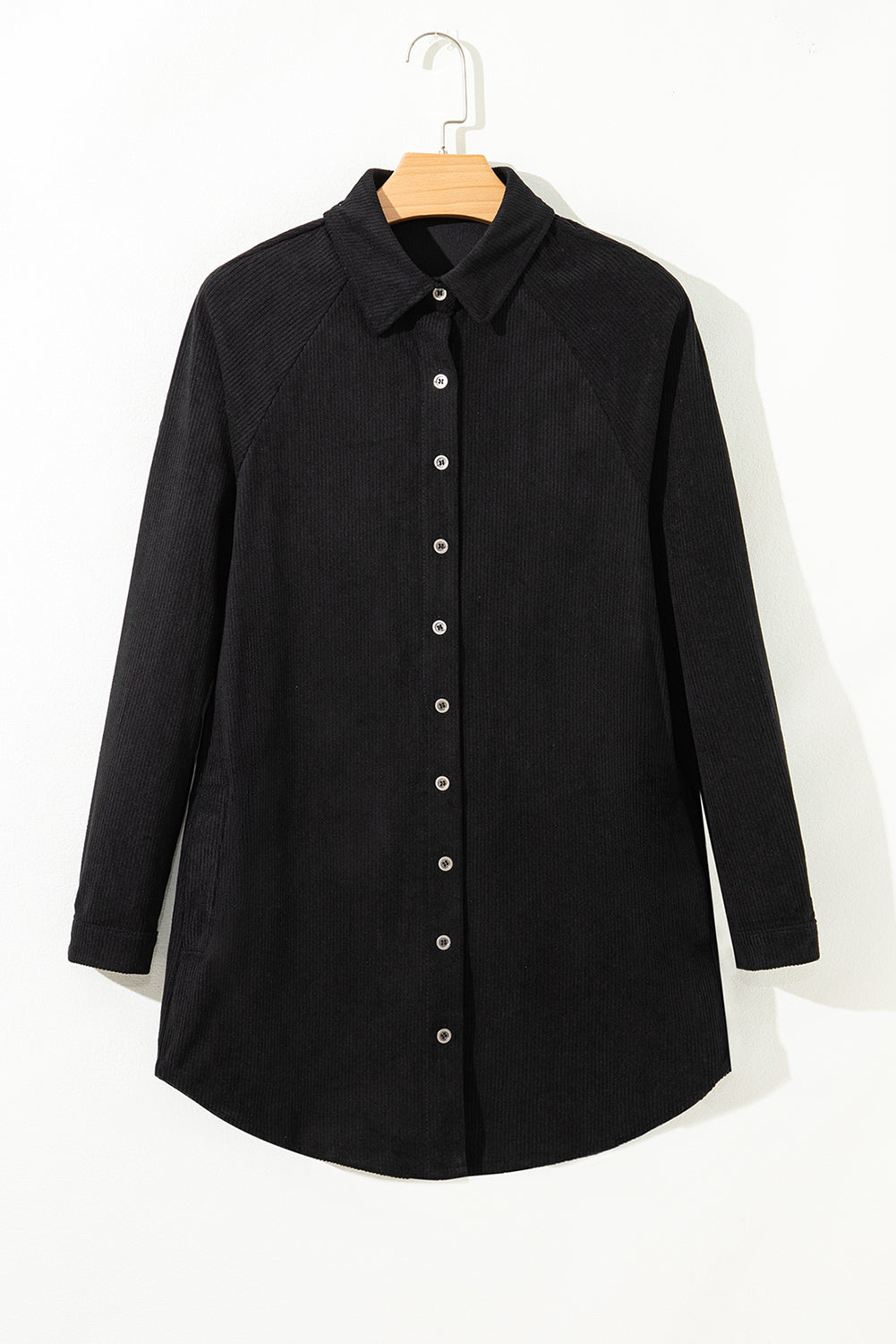 Blue Corduroy Shirt Style Full Button Long Sleeve Shift Mini Dress