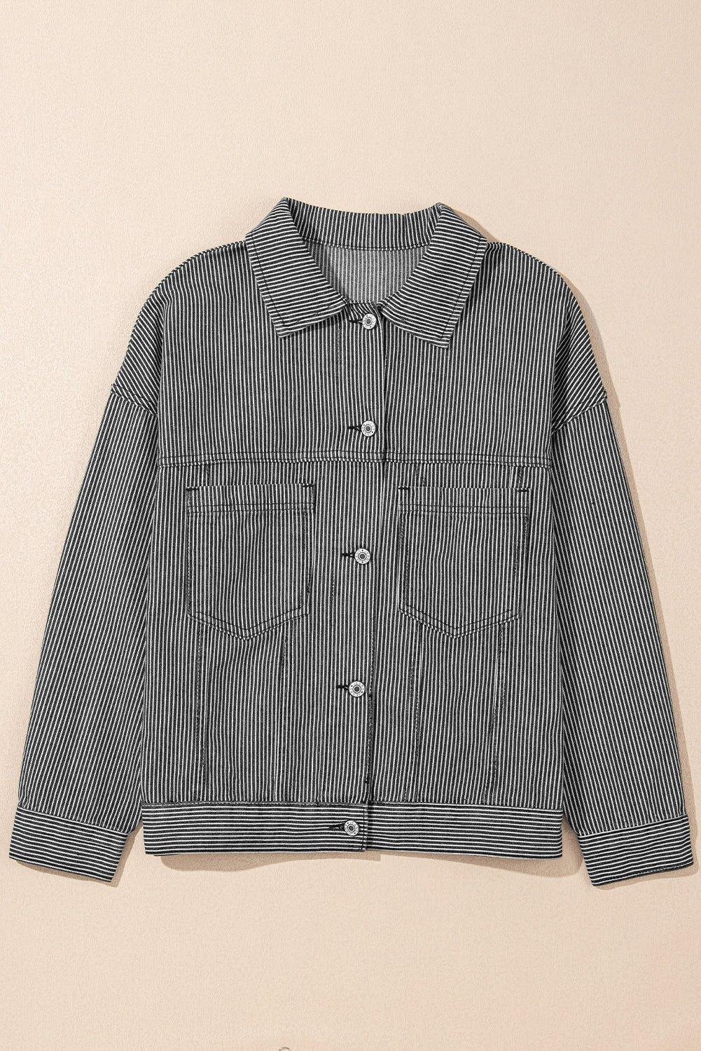 Blue Stripe Washed Oversize Pocketed Denim Jacket