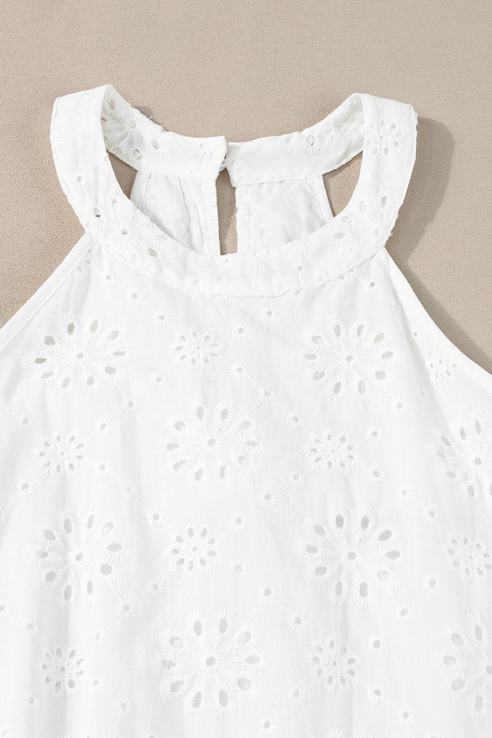 White Boho Eyelet Pattern Halter Neck Sleeveless Dress