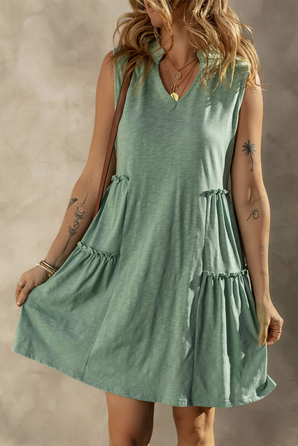 Moonlight Jade Split V Neck Tiered Flowy Sleeveless Dress