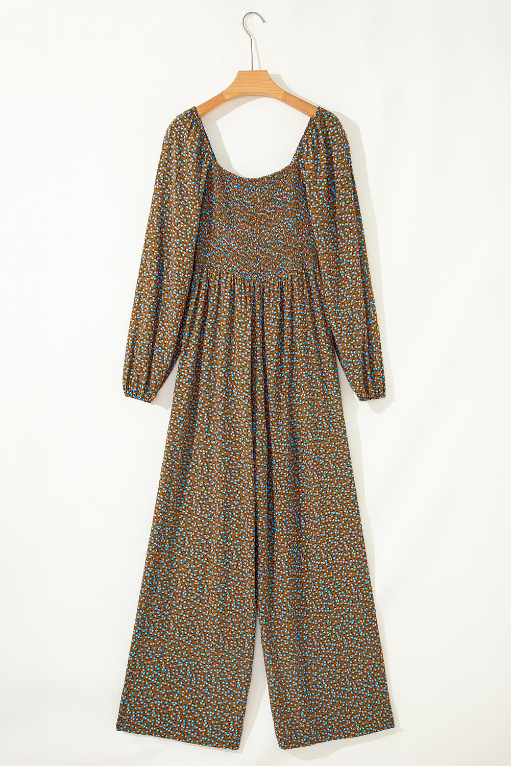 Brown Floral Print Western Smocked Bodice Square Neck Wide Leg Jumpsuit