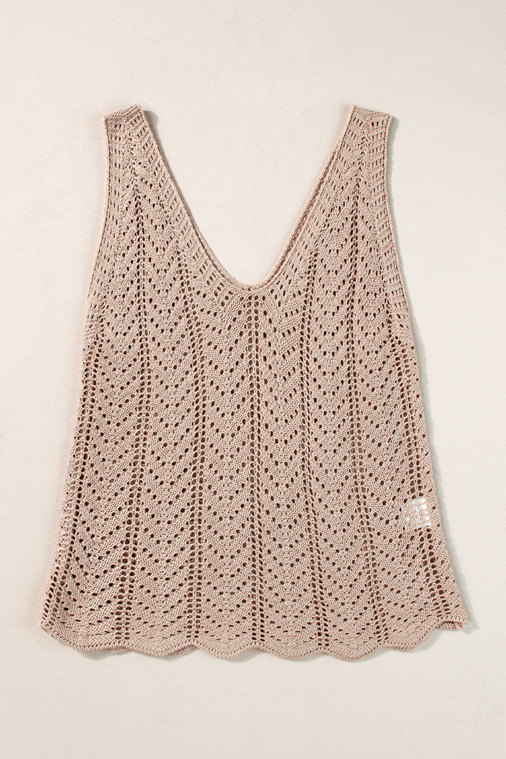 Pale Khaki Scalloped Hem V Neck Crochet Knit Vest