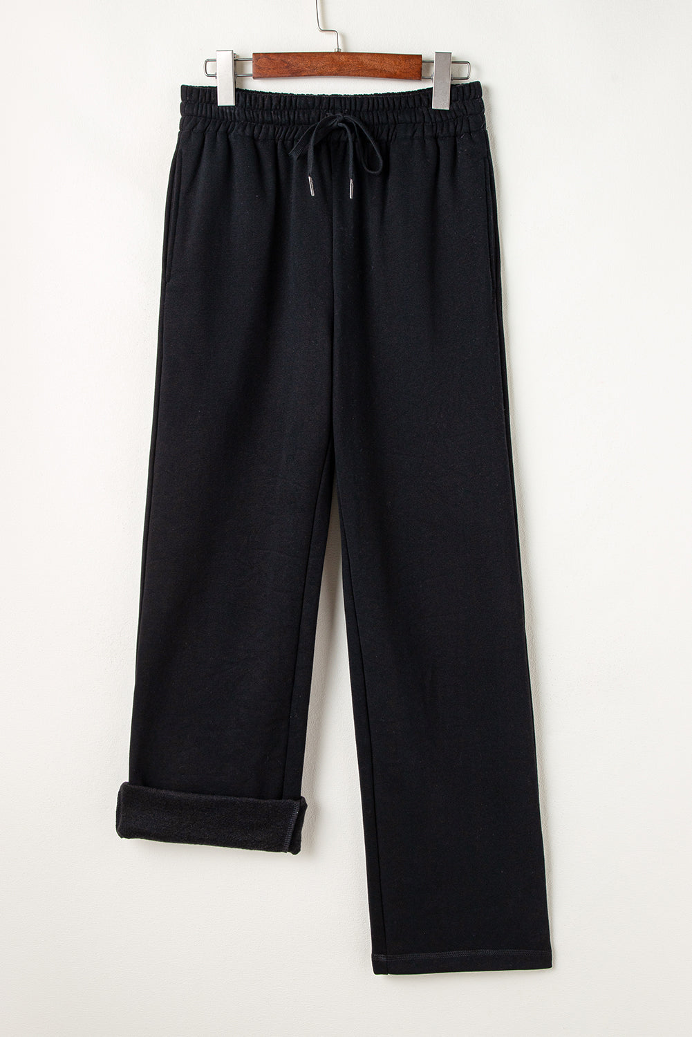 Navy Blue Solid Color Fleece Lined Drawstring Waist Casual Pants