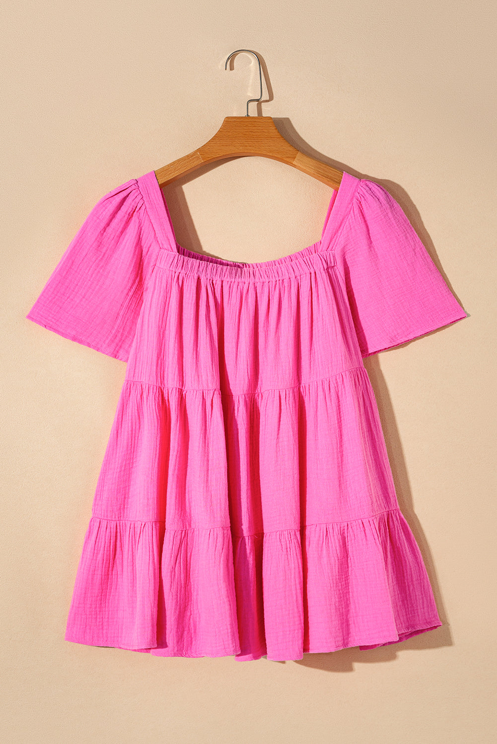 Bright Pink Textured Square Neck Flutter Sleeve Tiered Flowy Blouse