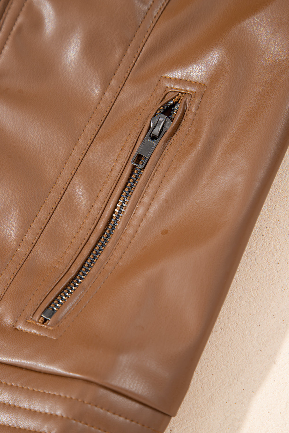 Chestnut Solid Faux Leather Zipper Slim Fit Jacket