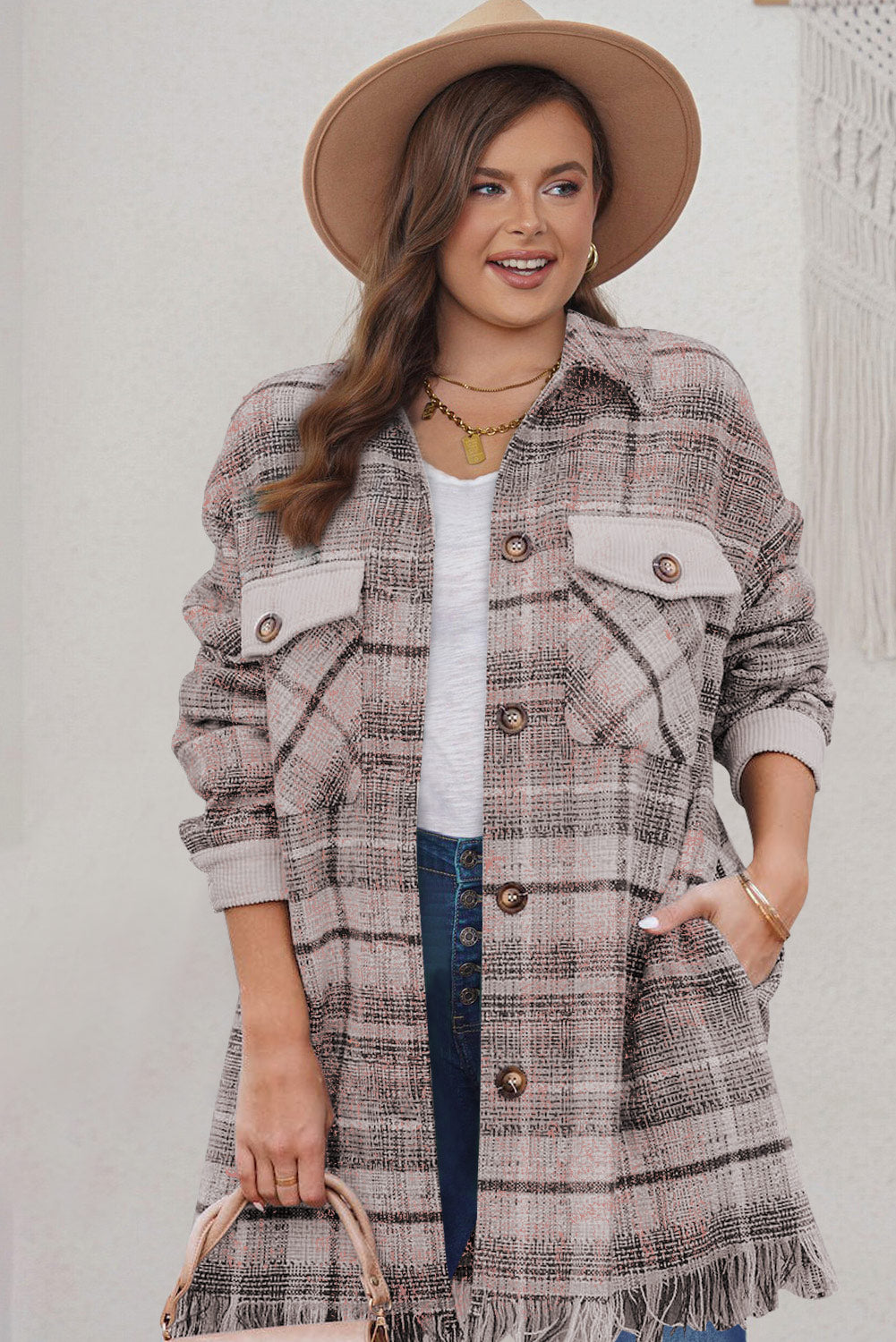 Pink Plus Size Macrame Plaid Coat