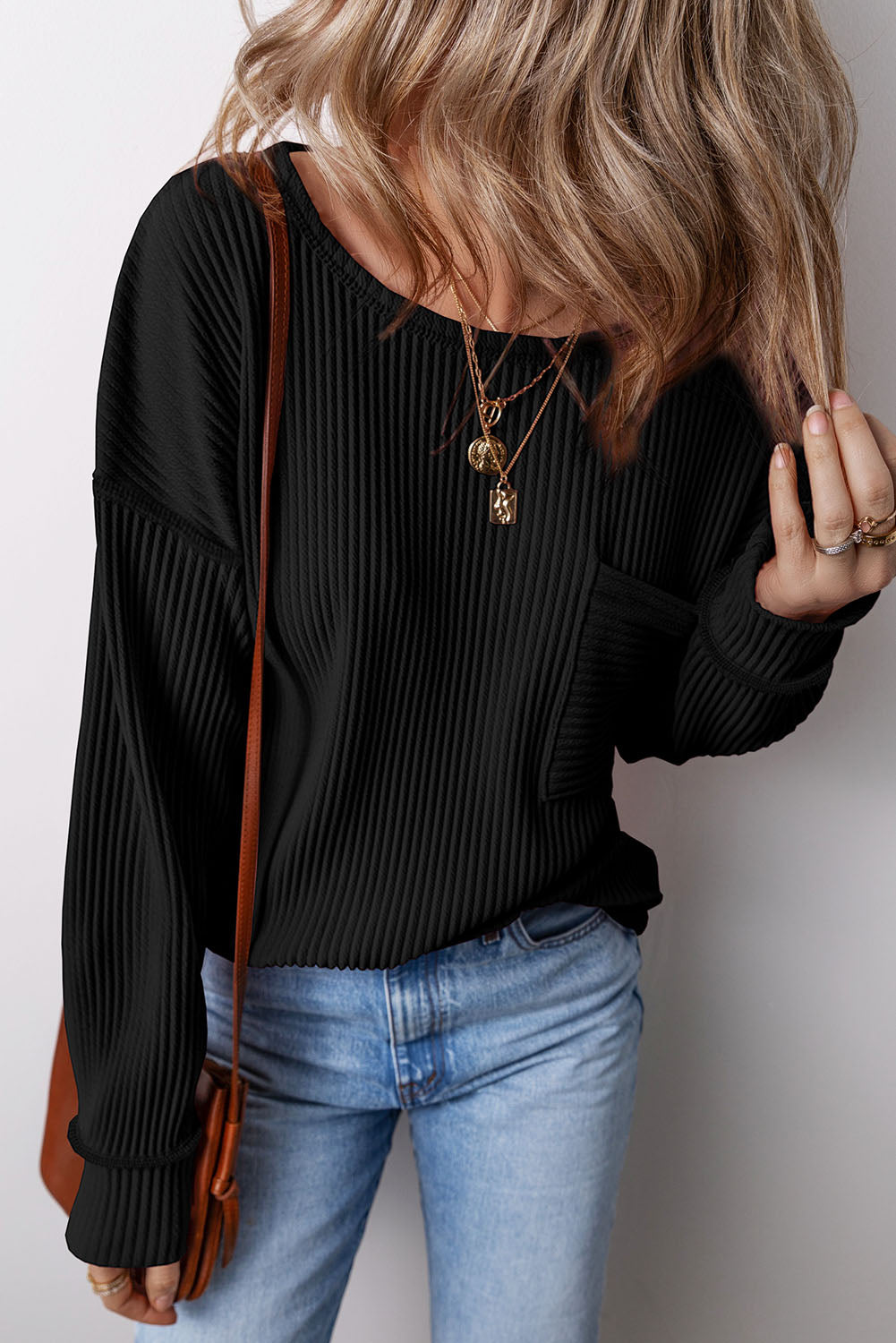 Black Solid Color Corded Drop Shoulder Long Sleeve Top