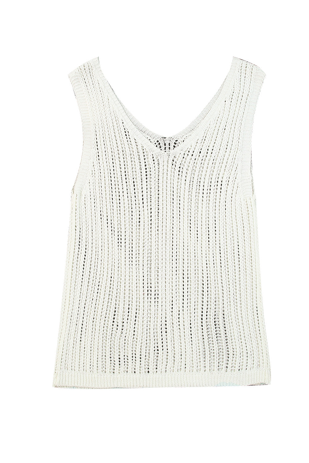 White Hollowed Knit V Neck Tank Top