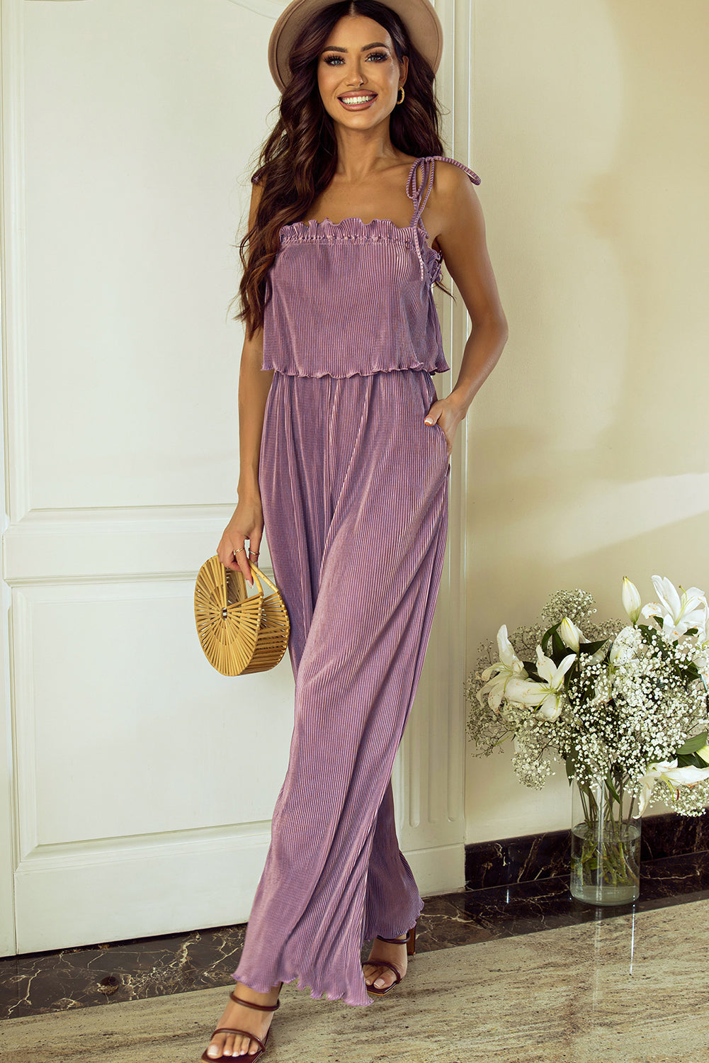 Rose Tan Solid Self Tied Straps Pleated Wide Leg Jumpsuit