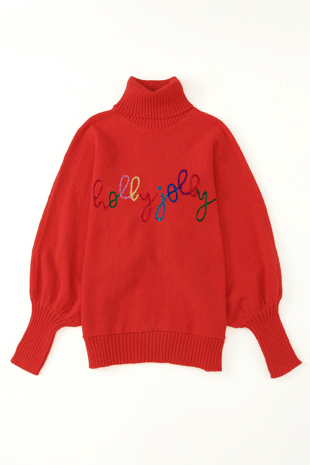 Fiery Red Christmas Holly Jolly Tinsel Graphic High Neck Sweater