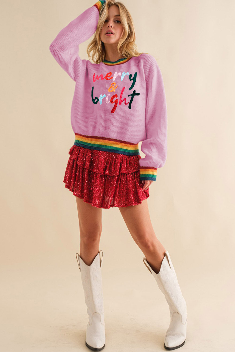 Bonbon Merry & Bright Colorful Stripes Trim Sweater