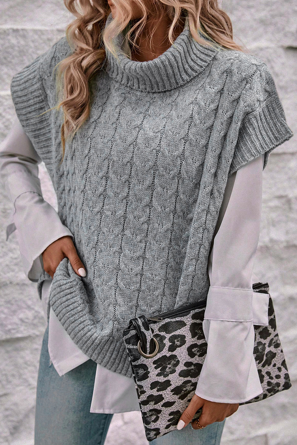 Medium Grey Cable Knit Turtleneck Batwing Sleeve Sweater