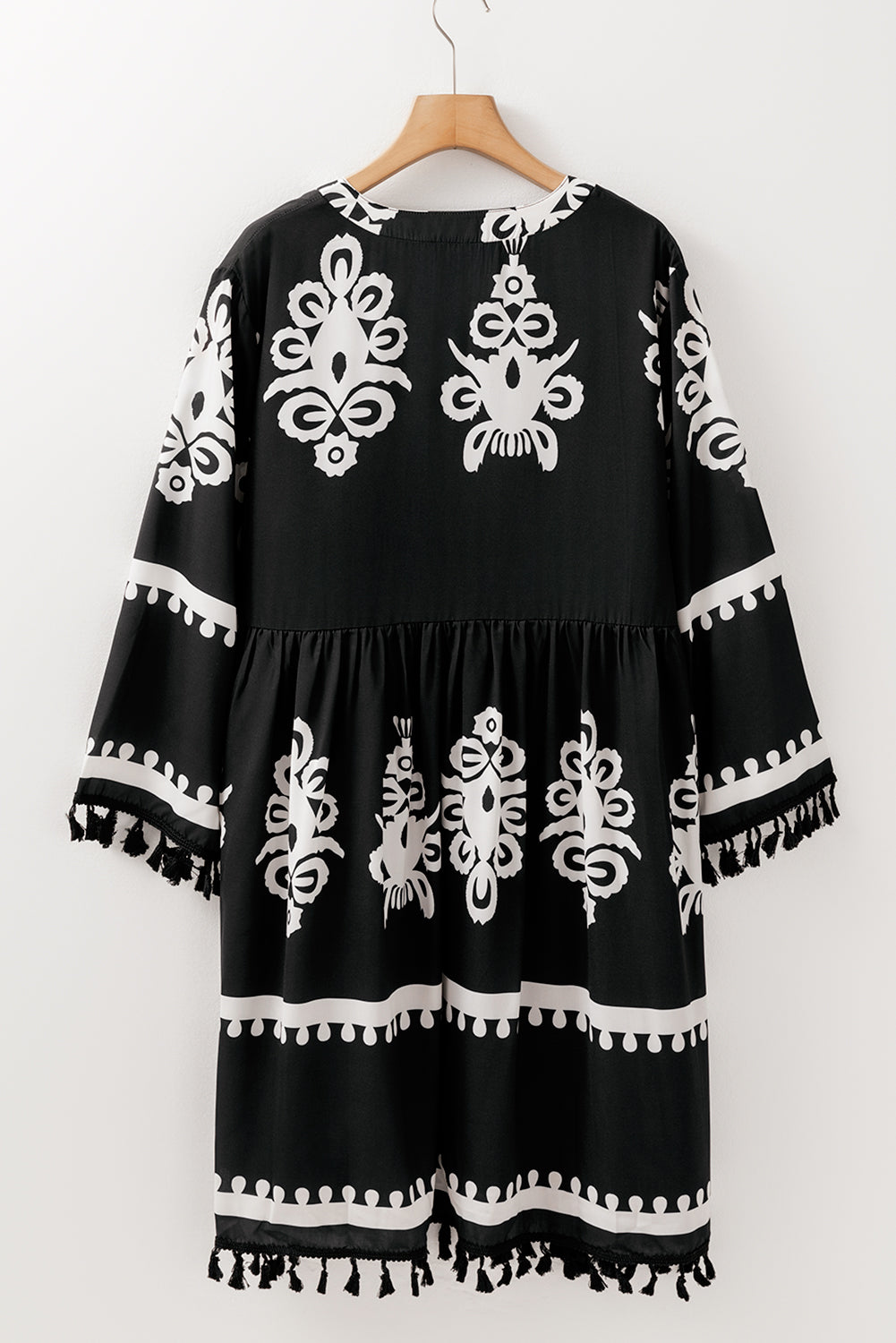 Black Plus Size Western Floral Print Fringed V Neck Dress