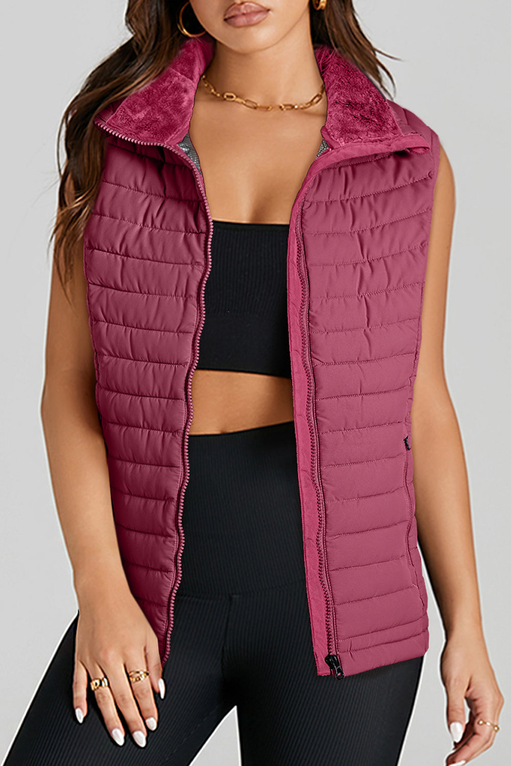 Black Plush Collared Quilted Zipped Puffer Vest