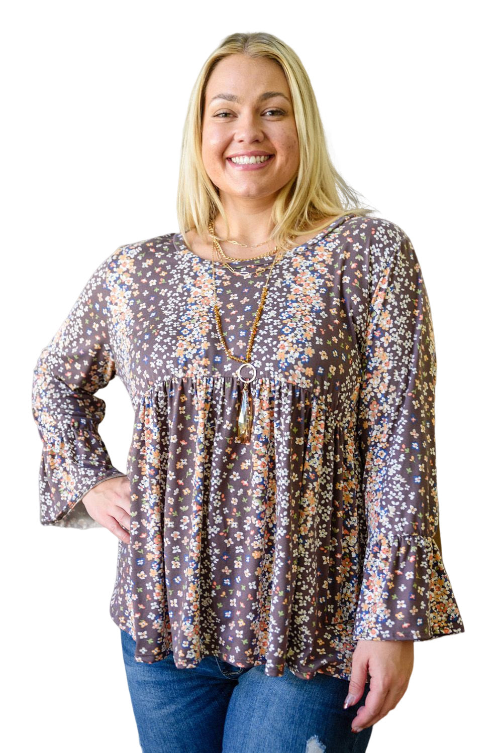 Purple Floral Print Round Neck Plus Size Babydoll Blouse