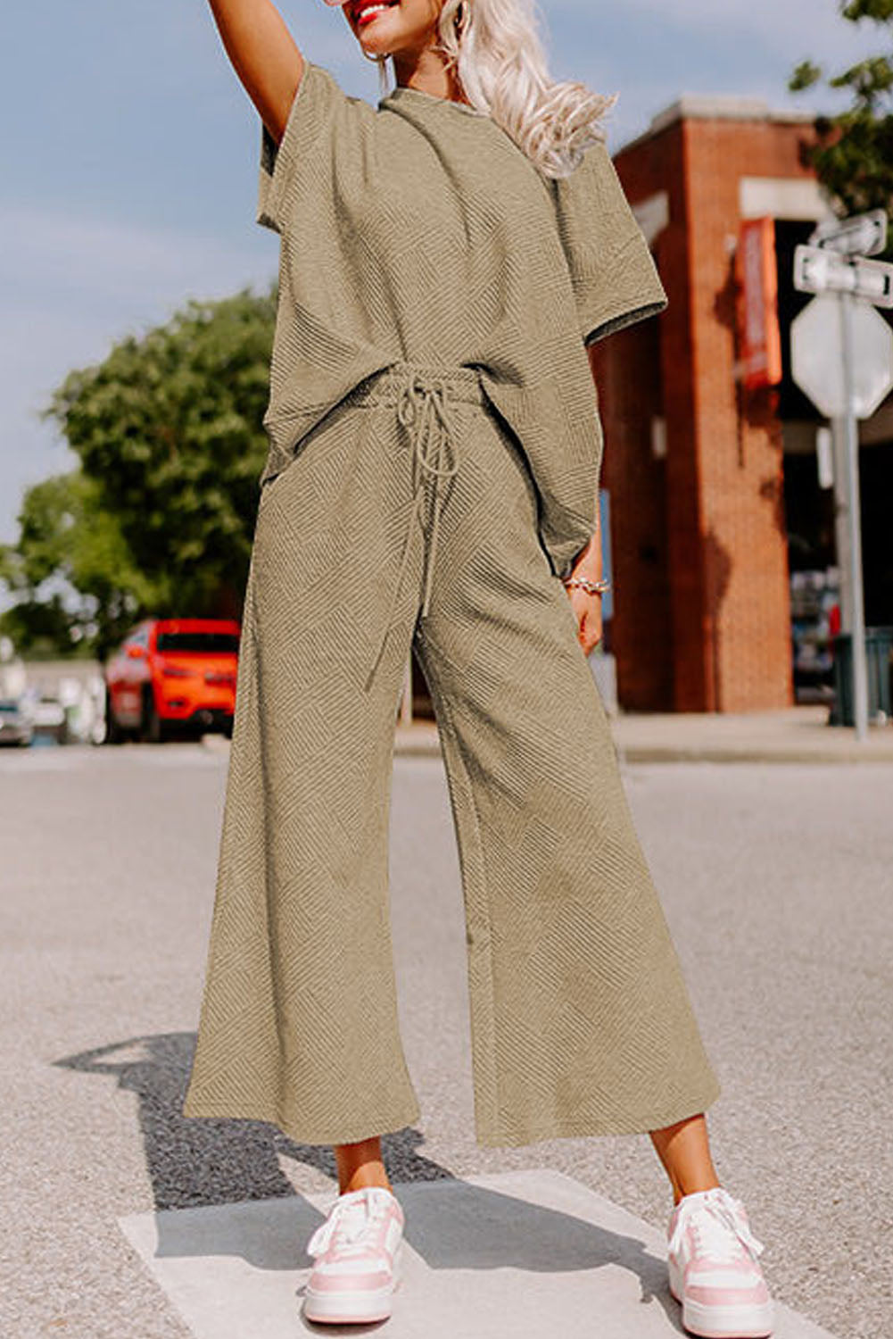 Red Dahlia Textured Loose Fit T Shirt and Drawstring Pants Set