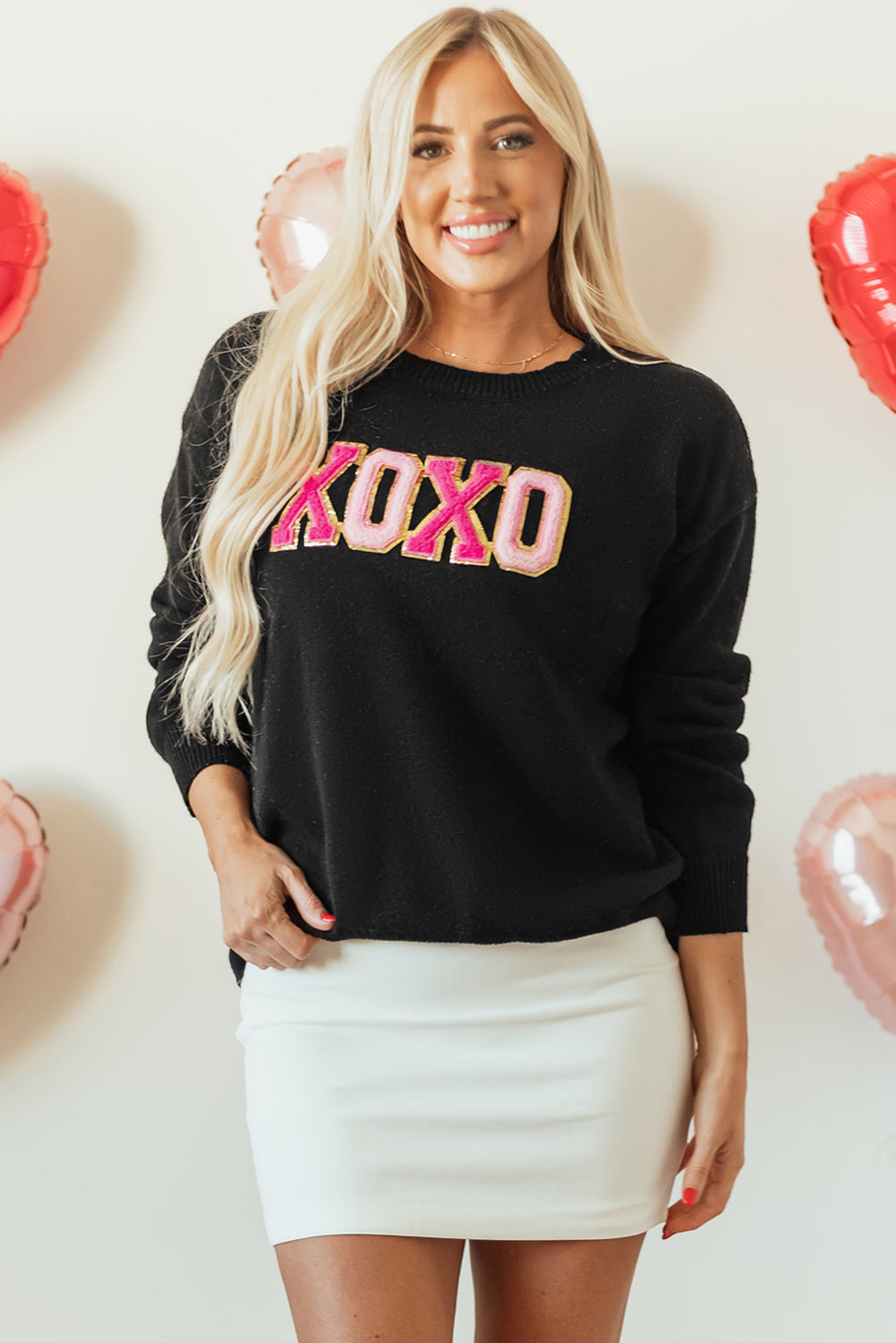 Black XOXO Glitter Print Round Neck Casual Sweater