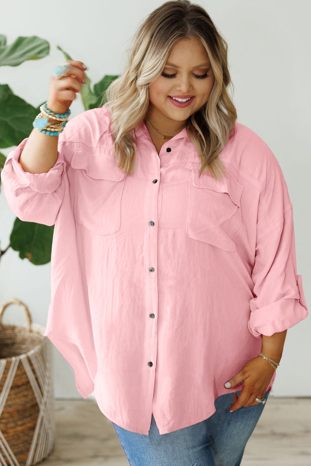 Pink Flap Pocket Tab Sleeve Button-Down Plus Size Shirt