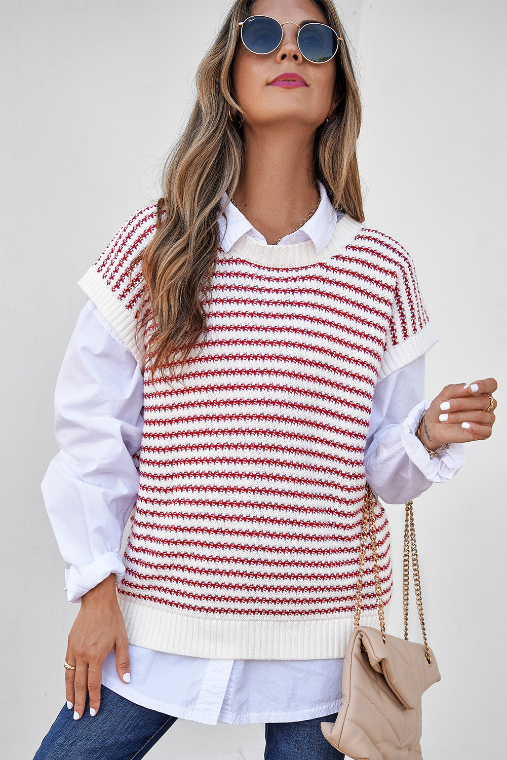 Red Stripe Ribbed Trim Loose Fit Knitted Sweater Vest