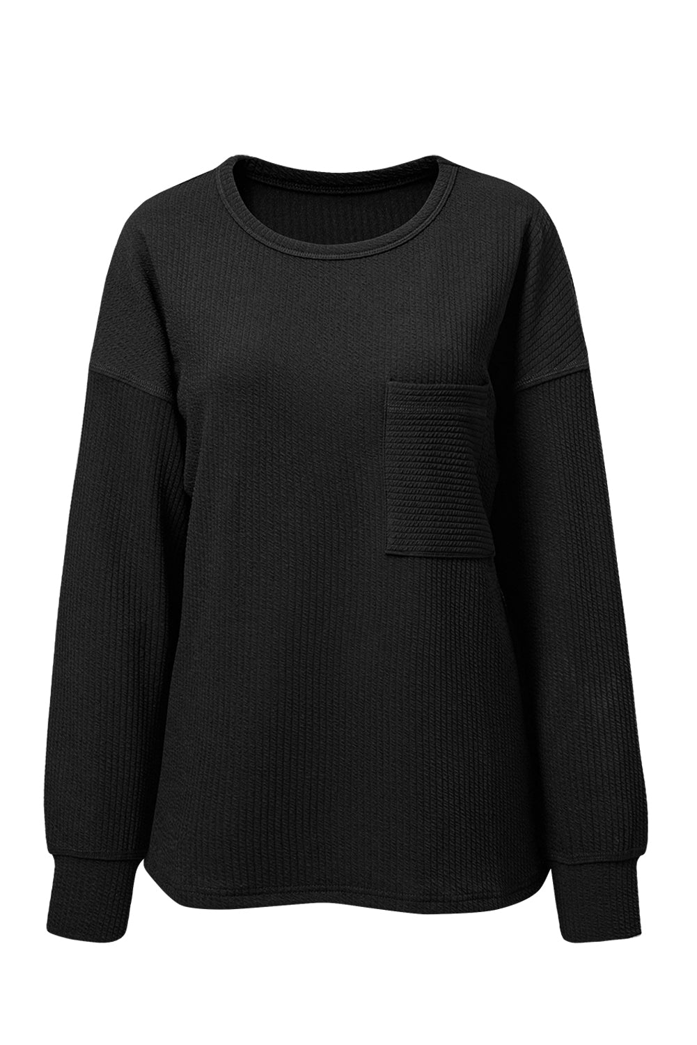 Black Solid Color Corded Drop Shoulder Long Sleeve Top