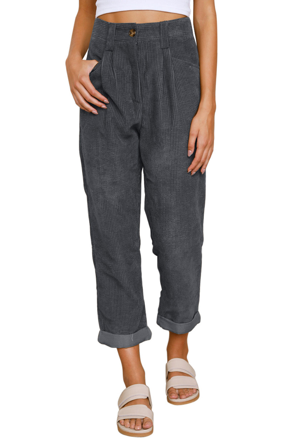 Gray Corduroy High Waist Straight Leg Pants