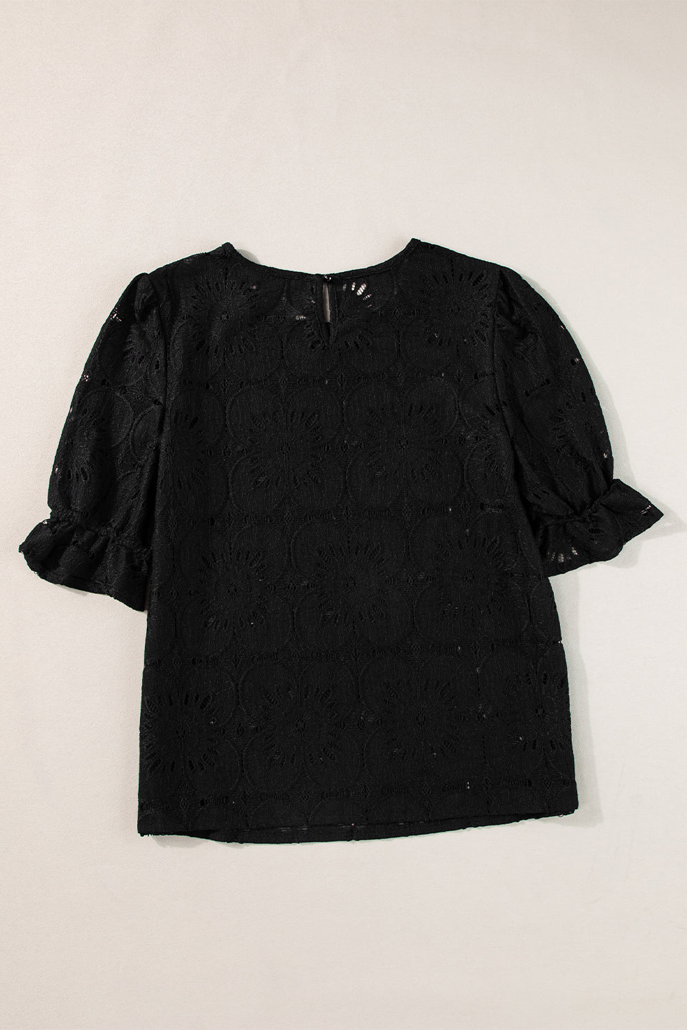 Black Flower Eyelet Jacquard Keyhole Flounce Sleeve Top