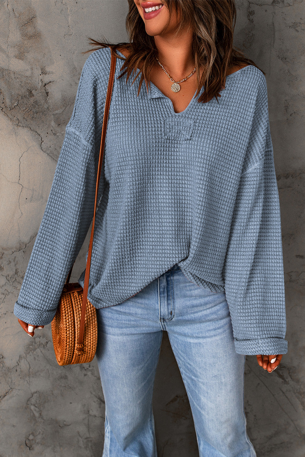 Dusk Blue Waffle Knit Loose Long Sleeve Top