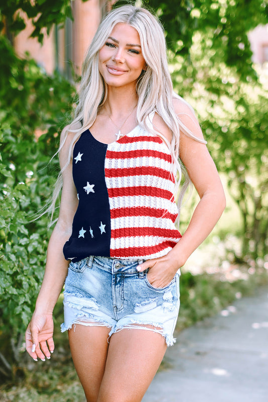 Red Stars and Stripes Flag Pattern Knitted Tank