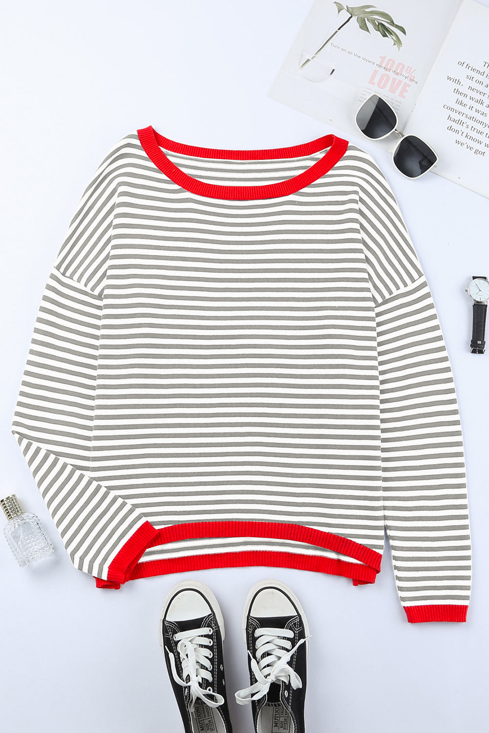 Gray Contrast Trimmed Striped Drop Shoulder Sweater