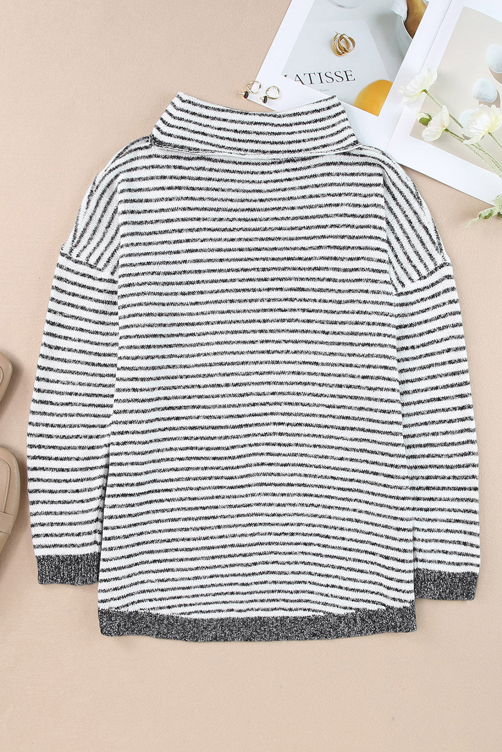 Gray Striped Turtleneck Loose Sweater