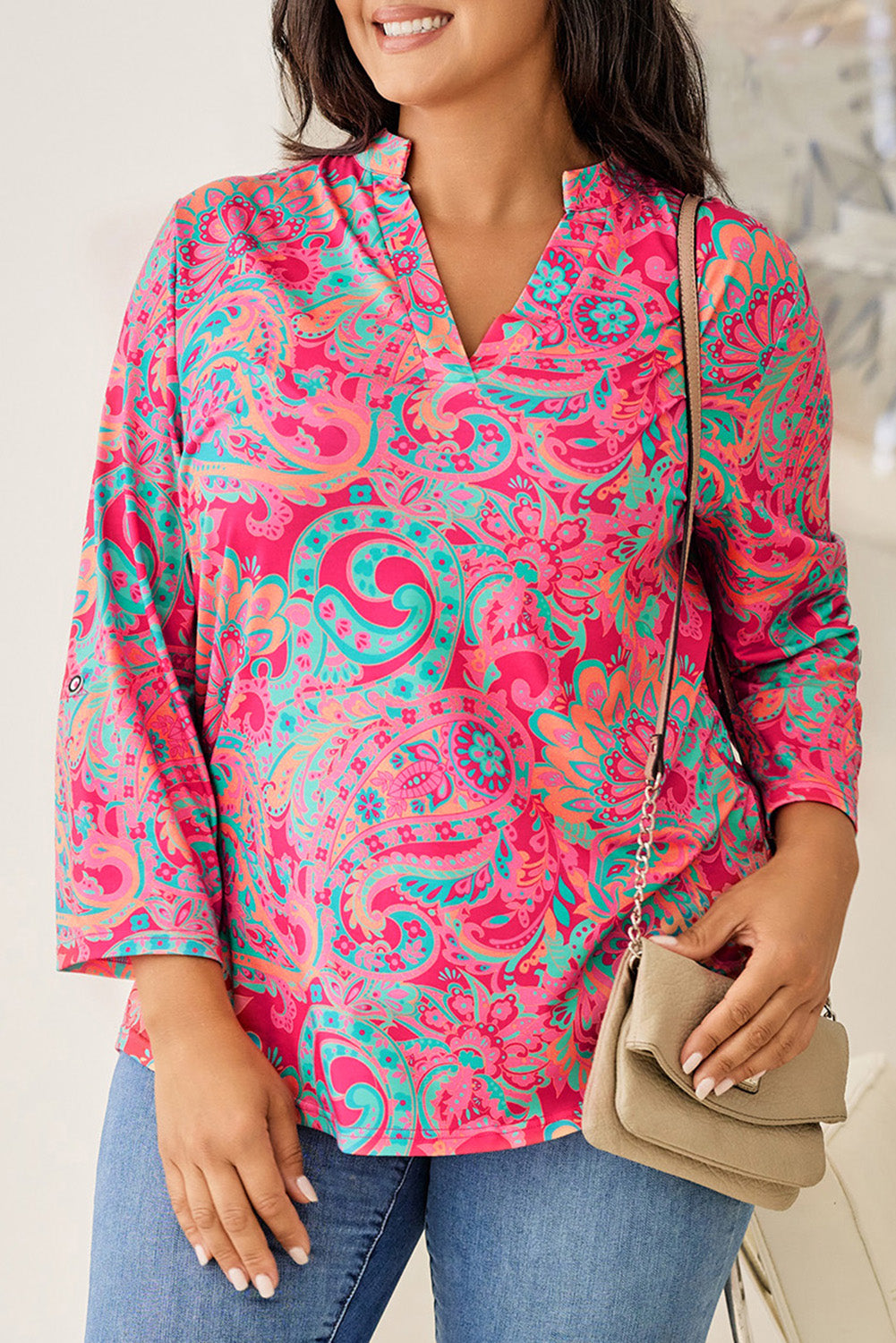 Pink Printed Plus Size Paisley Print V Neck Roll Tab Sleeve Blouse