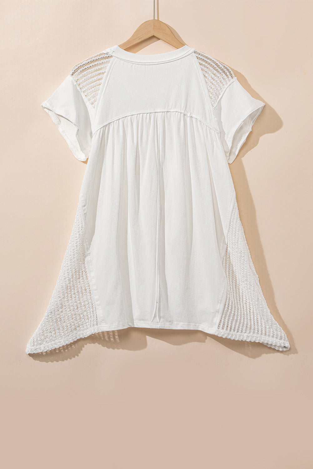 White Hollow Knit Splicing Keyhole Back Tunic Top