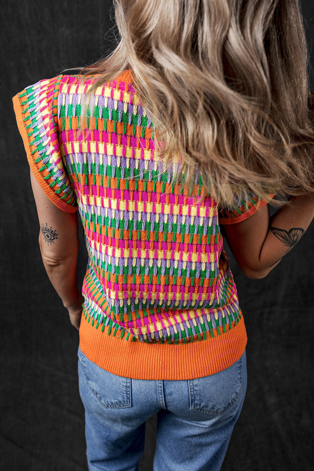 Orange Multi Flutter Sleeve Knitted Sweater Top