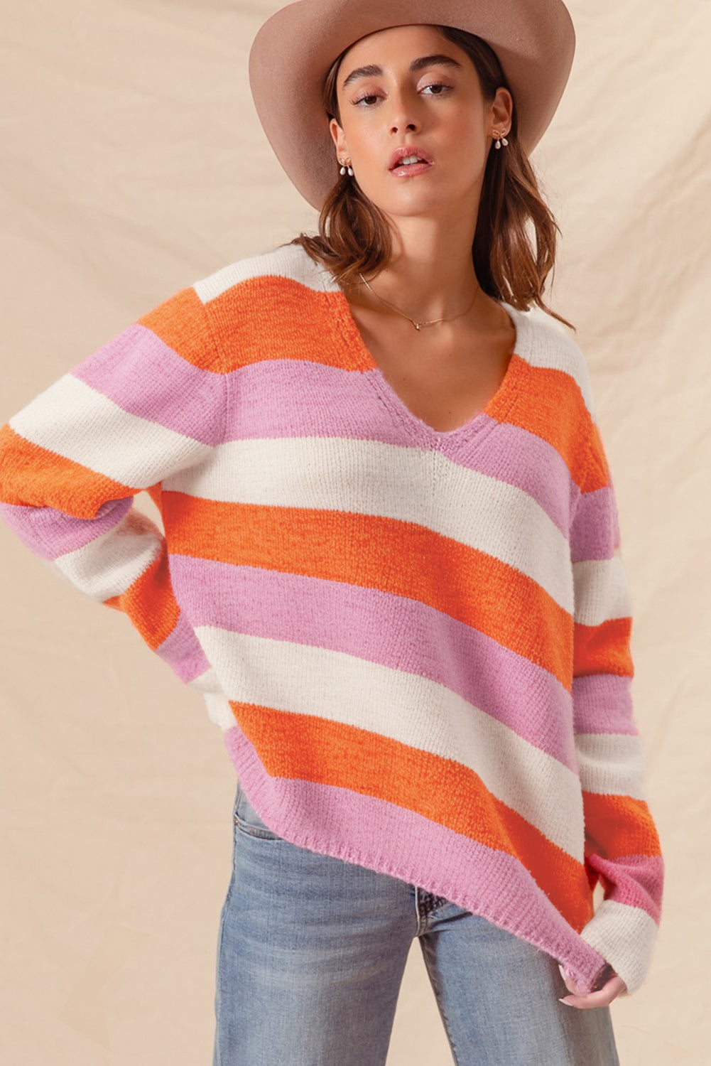 Orange Stripe Colorblock V Neck Casual Sweater