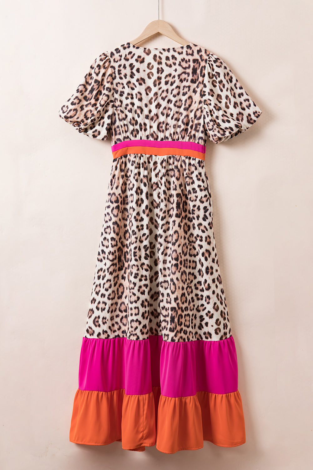 Bright Pink Leopard Colorblock Patchwork Bubble Sleeve Maxi Dress