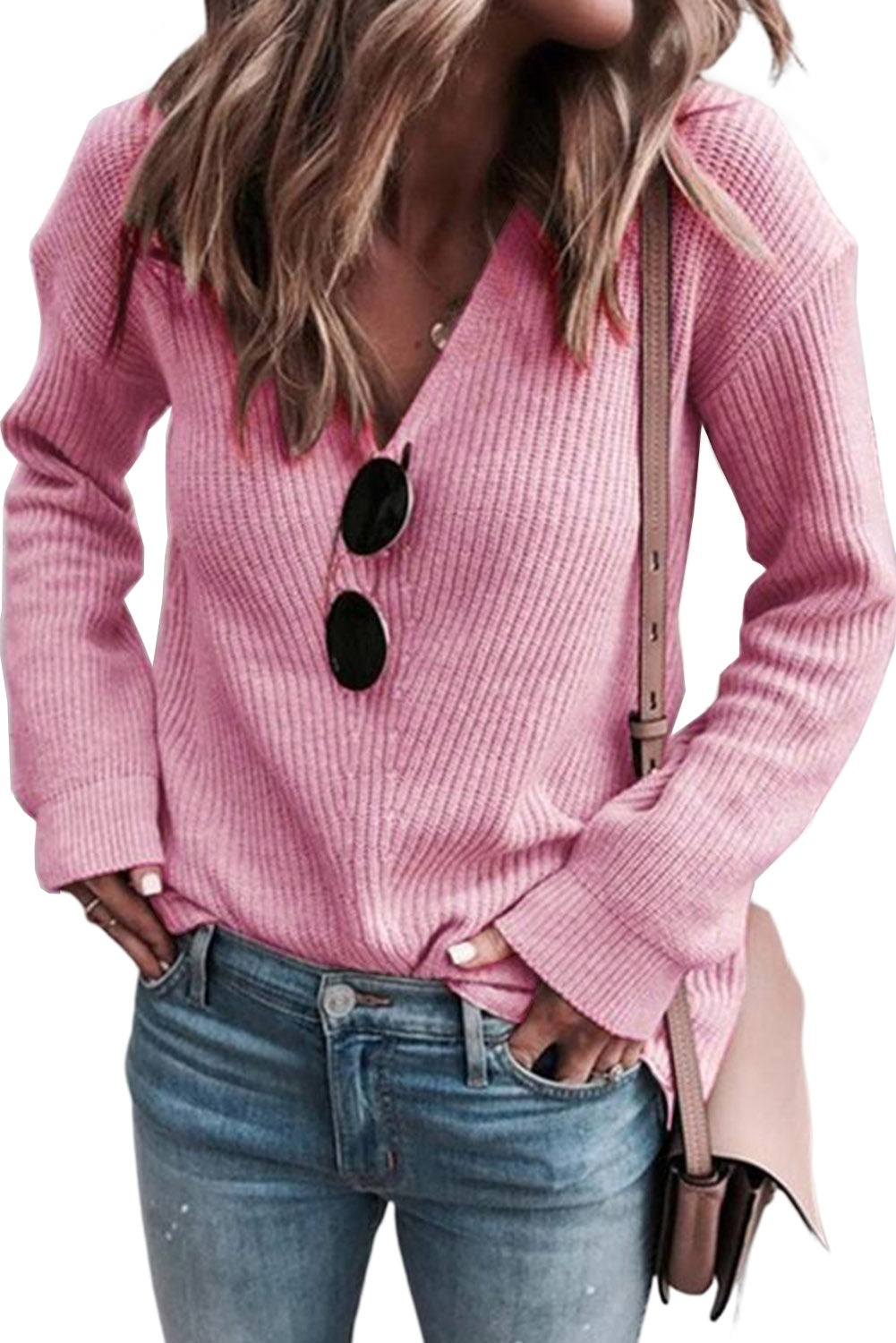 Pink Ribbed Knit V Neck Sweater