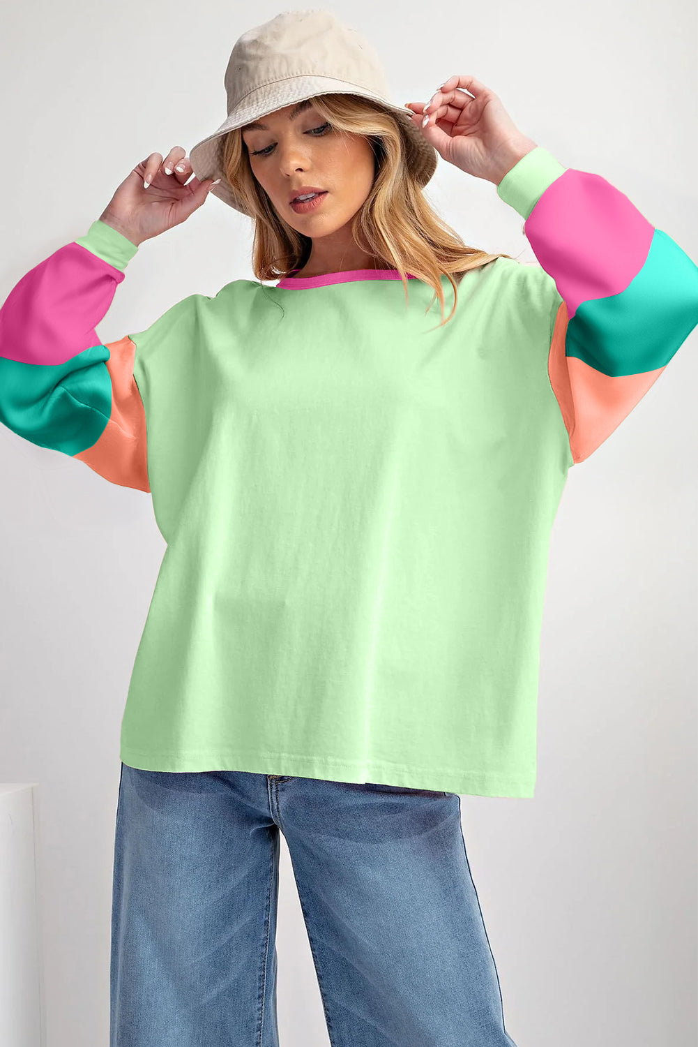 Green Colorblock Patchwork Long Sleeve Loose Top