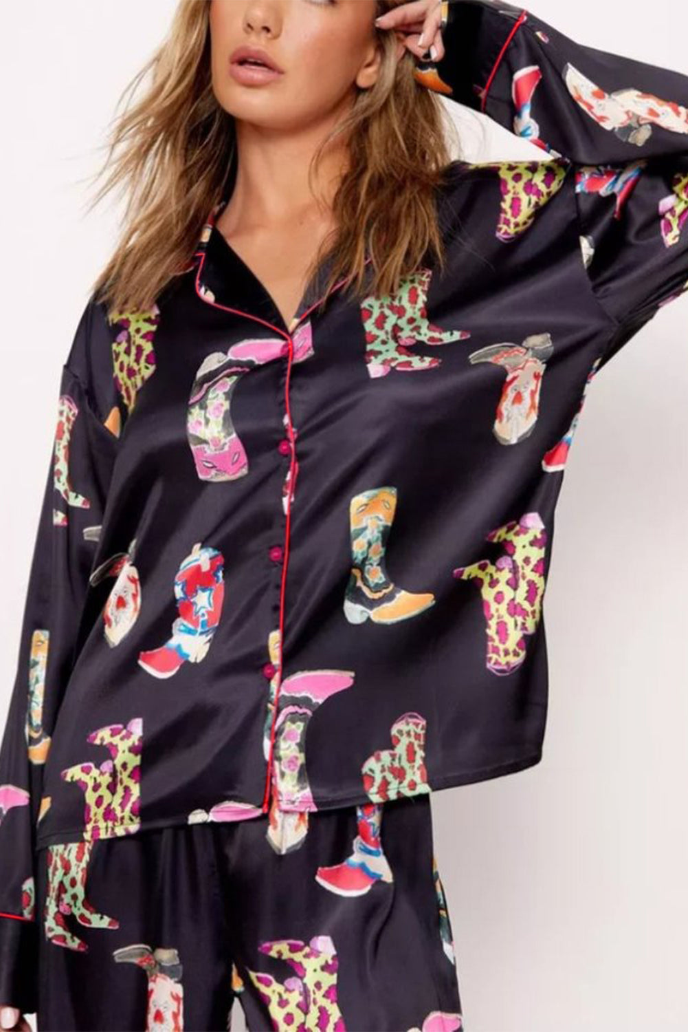 Black Western Cowgirl Boots Printed Satin Long Pajama Set