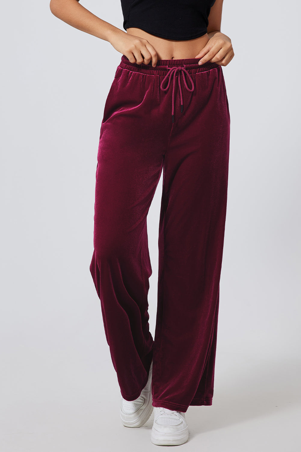 Burgundy Solid Drawstring Waist Wide Leg Pants