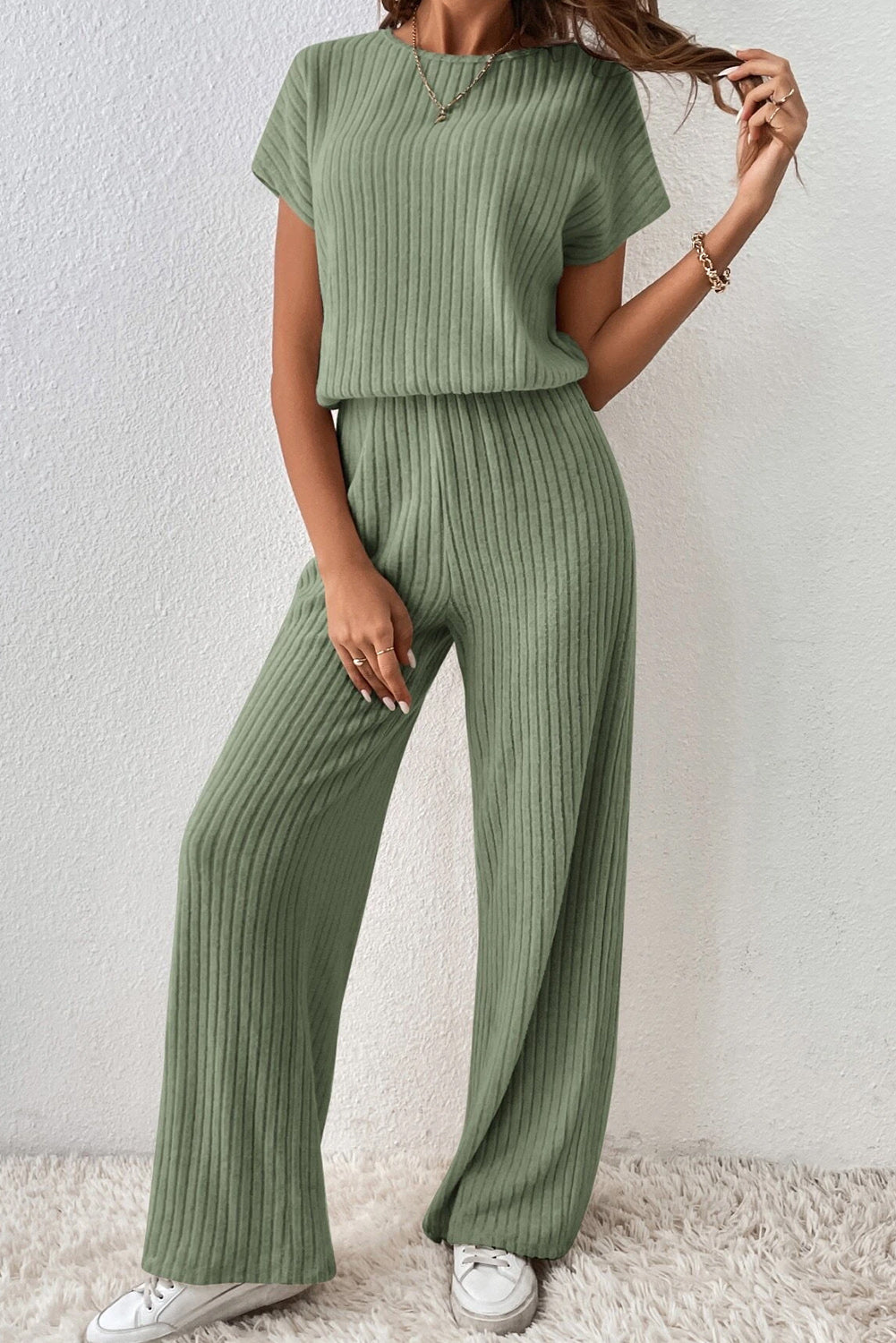 Grass Green Solid Color Ribbed Short Sleeve Wide Leg Jumpsuit