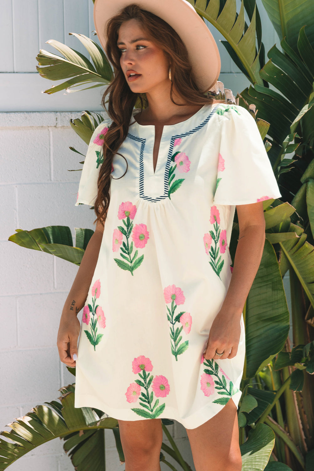 Rose Floral Short Sleeve Split Neck Loose Mini Dress